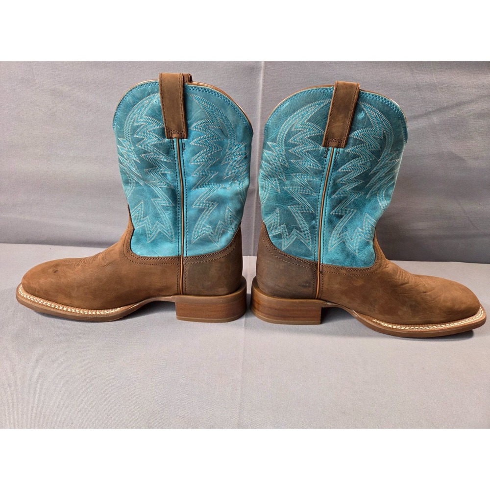 Justin Cowboy Boots Mens 11.5D Brown Blue Big Bucks Wide Square Toe Vibram Sole - Picture 5 of 15